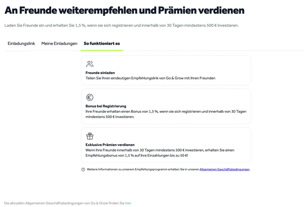 Bondora Go and Grow Erfahrung: Mein Praxisbericht (2026) Bondora-Go-and-Erfahrung, Screenshot der Seite „An Freunde weiterempfehlen und Prämien verdienen“ von Bondora Go & Grow mit drei Schritten: Freunde einladen, Bonus bei Registrierung und exklusive Prämien verdienen. Der Bonus beträgt 1,5 %, die Mindesteinzahlung 500 € innerhalb von 30 Tagen.