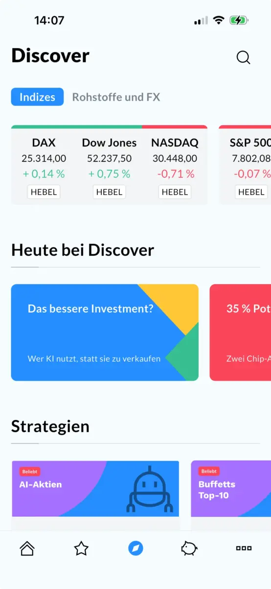 Screenshot des Discover-Bereichs in der App von finanzen.net zero mit Kursen für DAX, Dow Jones, NASDAQ und S&P 500, darunter Artikel unter „Heute bei Discover“ und Strategien wie „AI-Aktien“ und „Buffetts Top-10“.  finanzen-net-zero-erfahrungen