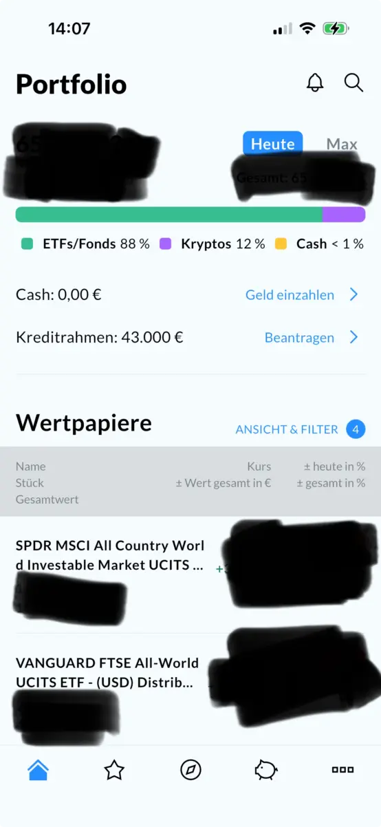 Screenshot des Portfolios in der App von finanzen.net zero. Die Beträge sind geschwärzt. Zu sehen ist die Aufteilung in 88 % ETFs/Fonds, 12 % Kryptos und unter 1 % Cash, ein Kreditrahmen von 43.000 € und zwei ETFs: SPDR MSCI All Country World Investable Market und Vanguard FTSE All-World. finanzen-net-zero-erfahrungen